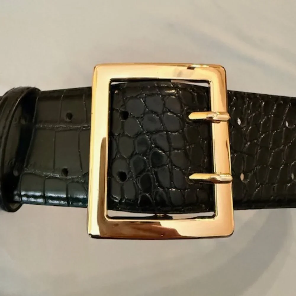 Risantry Wide Black Belt with Crocodile-Embossed Texture